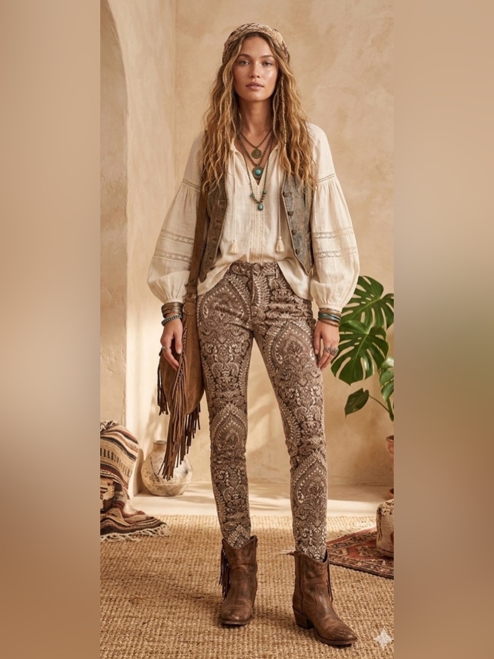 J. McLaughlin Lexi Brown/Off-White Mega Ravi Paisley Boho Print Pant Jeans Sz 12 - Picture 17 of 17